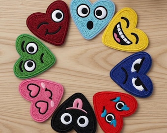 Lustiger Herz Gesicht Patch, süßer gestickter Aufnäher, buntes Smiley Herz, Kawaii Patch für Jackentasche, lustiger Emoji Patch, Y2K Ästhetik