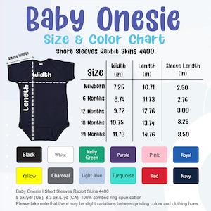 May include: Navy blue baby onesie size and color chart. The chart includes measurements in inches for width, length, and sleeve length for sizes newborn to 24 months. Available colors include black, white, and pink.