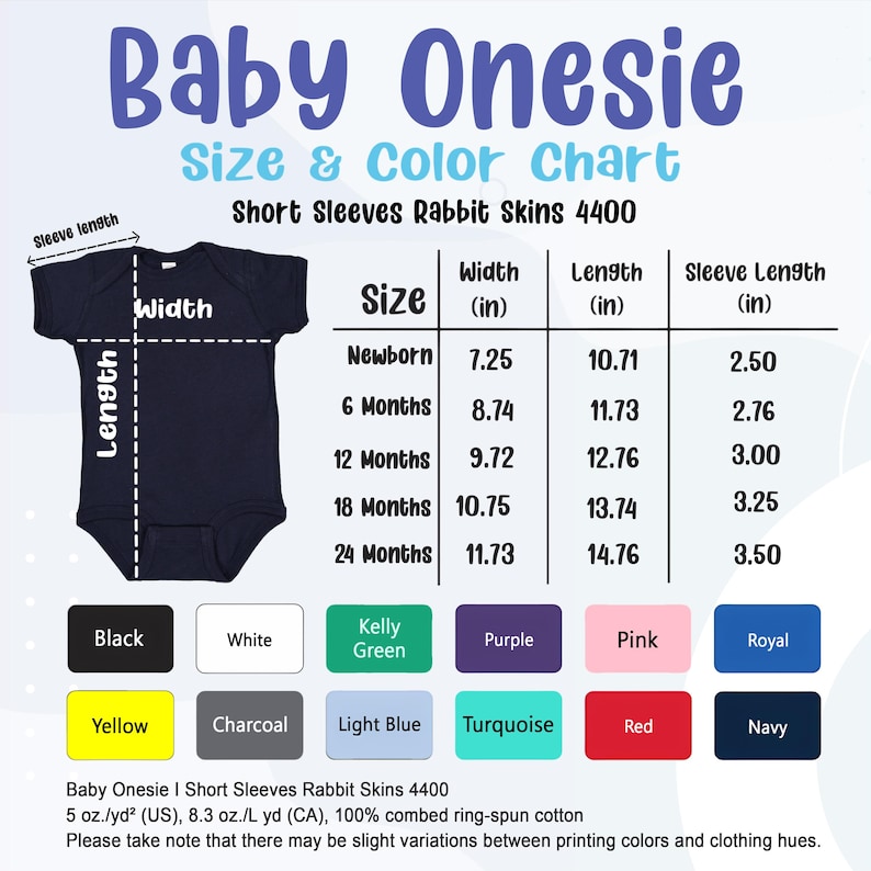 May include: Navy blue baby onesie size and color chart. The chart includes measurements in inches for width, length, and sleeve length for sizes newborn to 24 months. Available colors include black, white, and pink.