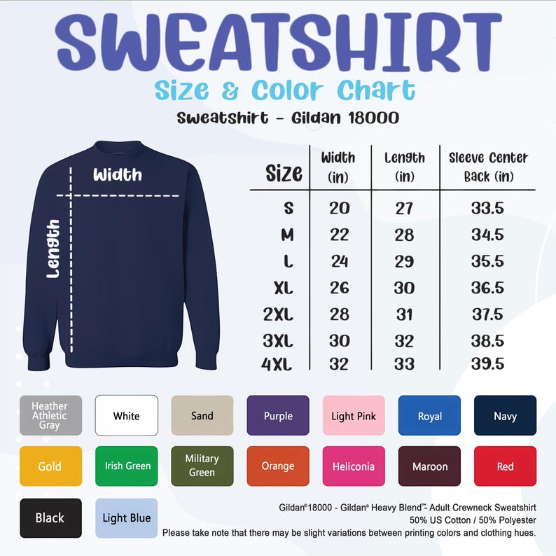 May include: A navy blue sweatshirt size and color chart. The chart includes sizes S to 4XL, with width and length measurements in inches. Color options include Heather Athletic Gray, White, Sand, Purple, Light Pink, Royal, Navy, and more. The text "SWEATSHIRT" is at the top.