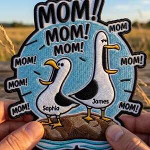Funny Mom Patch, Personalized Kids Name Embroidered Iron On, Sew On, Seagull MOM Gift, Mother's Day, Jacket, Backpack