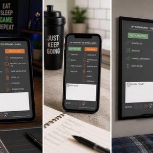 May include: A digital dashboard with a checklist for the morning launch, displayed on a tablet, a smartphone, and a framed print. The dashboard includes sections for self-care and gear check, with a space for a brain dump. A black water bottle with the text "JUST KEEP GOING" is also visible.