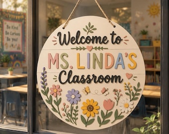 Customizable Wooden Classroom Welcome Sign – Teacher Door Decor, Floral Butterfly Accents