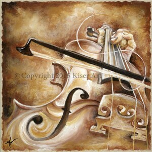 May include: An abstract painting of a violin with a bow. The artwork features warm brown and beige tones, with the violin's details and the bow's position clearly defined. The artist's signature is in the lower left corner.