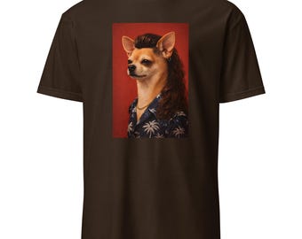Mullet Chihuahua T-Shirt – Funny Dog Portrait Tee – Retro Pet Graphic Shirt – Humorous Dog Lover T-Shirt