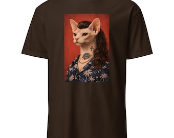 Mullet Sphynx Cat T-Shirt – Funny Hairless Cat Portrait Tee – Tattoo Cat Graphic Shirt – Quirky Cat Lover T-Shirt