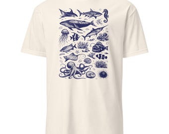 Vintage Ocean Life T-Shirt – Antique Marine Animals Illustration Tee – Nautical Natural History Shirt – Sea Creatures Engraving Print
