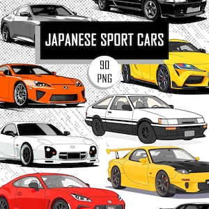 May include: Collection of illustrations of Japanese sport cars in various colors, including silver, orange, yellow, white, and red. The image features the text "JAPANESE SPORT CARS" and "90 PNG".