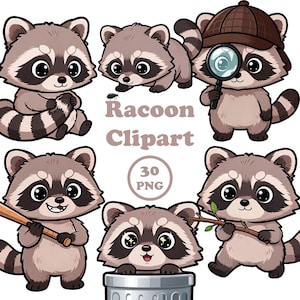 Puede incluir: Una colección de imágenes prediseñadas de mapaches de dibujos animados. Los mapaches se representan en varias poses, algunos sosteniendo objetos como un bate de béisbol, una lupa y una ramita. También se incluye el texto "Raccoon Clipart" y "30 PNG".