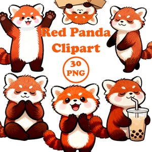 May include: A collection of cartoon red panda clipart images. The red pandas are depicted in various poses, with orange and white fur, and some are holding objects. The text "Red Panda Clipart" and "30 PNG" are also present.