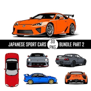 May include: An illustration of six Japanese sport cars in various colors and angles. The image includes an orange sports car at the top, and the text "JAPANESE SPORT CARS BUNDLE PART 2 3D PNG".