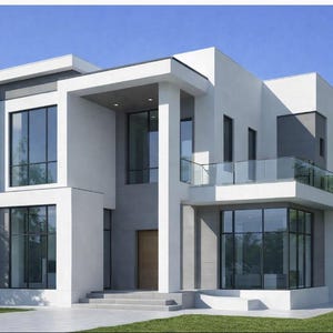 May include: Modern two-story house with a minimalist design. The exterior features a white facade with large windows, a flat roof, and a balcony with glass railings. The house is surrounded by green grass and trees under a blue sky.