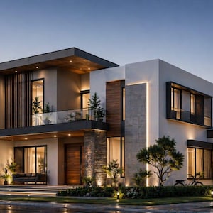 May include: A two-storey modern house with white and grey exterior walls, wood panelling accents, and large glass windows. The structure features a flat roof, a balcony with a glass railing, and integrated warm lighting illuminating the facade at dusk.