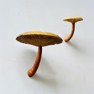 Könnte beinhalten: Zwei Holzpilzskulpturen mit detaillierten Kappen und Stielen. Der größere Pilz hat eine breite, strukturierte Kappe in Gelb- und Brauntönen mit einem gebogenen Stiel. Der kleinere Pilz hat ein ähnliches Design. Die Pilze sind vor einem weißen Hintergrund platziert.