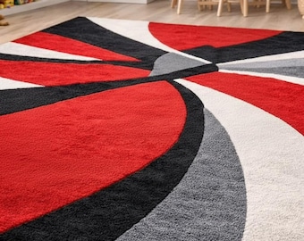 Modern Geometric Area Rug, Red Black White Abstract Carpet, Plush Home Decor