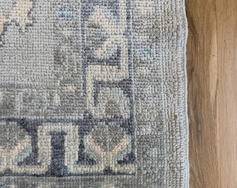 Vintage Oushak Runner Rug, Handmade Turkish Hallway Rug, Neutral Grey Blue Runner, Farmhouse Kitchen Runner, Entryway Rug,