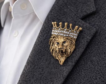 Vintage Lion Revers Pin für Männer - Goldton Zink-Legierung Kronenbrosche für Anzug