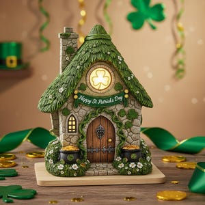 May include: A decorative St. Patrick's Day cottage with a green thatched roof, stone walls, and a wooden door. The cottage features a glowing shamrock window and the text "Happy St. Patrick's Day". Two pots of gold sit at the base.