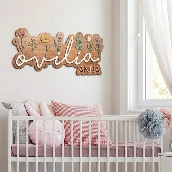Personalized Wildflower Name Sign, Floral Nursery Decor, 3D Wood Baby Name Sign, Floral Kids Name Plaque, Boho Baby Girl Room Decor
