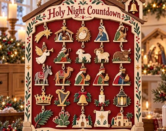 May include: A wooden Holy Night Countdown advent calendar featuring a red background with twenty-four hanging ornaments depicting nativity scenes, animals, and holiday symbols. The top includes a bell tower and the text Holy Night Countdown.
