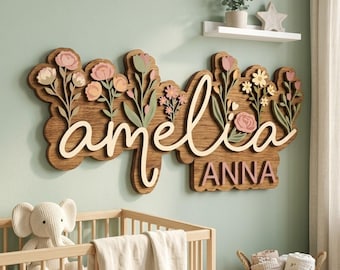 Gepersonaliseerde naambordje wilde bloemen, bloemen kinderkamerdecor, 3D houten bord babynaam, bloemen kindernaambordje, boho decoratie babymeisje kamer