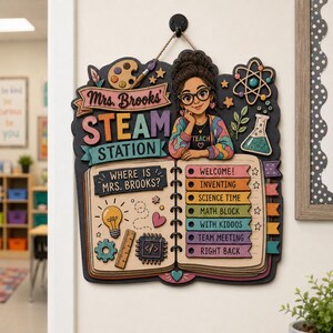 Personalized STEM Teacher Interchangeable Wood Sign: Custom Classroom Door Hanger Tracker