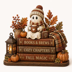 Può includere: Una statuetta decorativa raffigurante un fantasma con berretto e sciarpa in maglia, che tiene in mano una tazza, seduto su una pila di tre libri intitolati "BOOKS & BREWS", "COZY CHAPTERS" e "FALL MAGIC". Include una lanterna, zucche e fogliame autunnale.