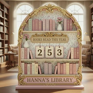 Könnte beinhalten: Ein dekoratives rosa-goldenes Bücherregal mit dem Text "BOOKS READ THIS YEAR" und "HANNA'S LIBRARY". Das Bücherregal zeigt die Zahl "253" und mehrere Bücher in Rosa-, Creme- und Grüntönen. Eine Vase mit rosa Blumen steht auf dem obersten Regal.