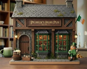 May include: A miniature Irish pub model with a stone facade, wooden accents, and a gray shingled roof. The sign reads "Patrick's Irish Pub" with "Est. 1700". Includes a small Irish flag, a leprechaun figure, and a barrel with foam.