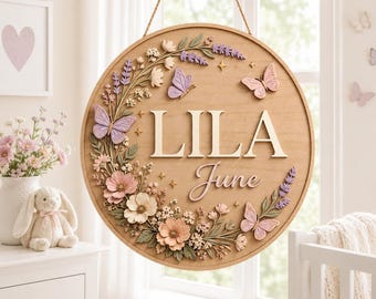Custom Wooden Name Sign with Butterflies, Personalized Floral Nursery Decor, Baby Girl Wall Art, Round Wood Name Sign