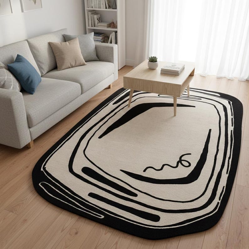 Buy Wavy Scribble Hand Tufted Wool Rug, Abstract Sketch Cream Black ...