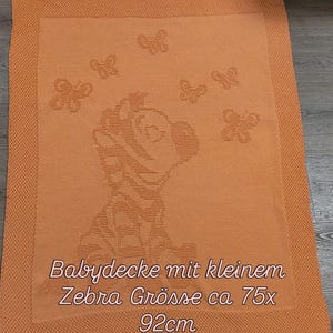 Pode incluir: Cobertor laranja para bebé com um desenho de zebra e borboletas tricotadas. O cobertor mede aproximadamente 75 x 92 cm. O texto no cobertor diz "Babydecke mit kleinem Zebra Grösse ca 75x 92cm."