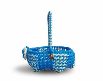 Pooja Koodai, Handwoven Wire Basket, Indian Traditional Woven Tote, Blue Mini Basket with Handle, Navaratri Favor, Handmade Gift Bag