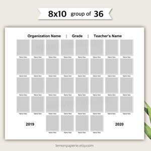 May include: A printable 8x10 inch class photo template for 36 students. The template has space for the organization name, grade, teacher's name, and student photos. The template is designed for a school year with the years 2019 and 2020 printed at the bottom.