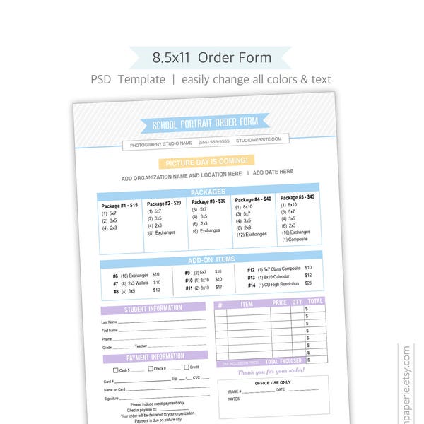 8.5x11 School Photos Order Form, Photoshop Template - ORDER201 - INSTANT DOWNLOAD