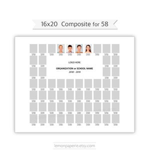 May include: A black and white template for a 16x20 composite photo. The template has 58 individual photo spaces, with a space for a logo and the text "ORGANIZATION or SCHOOL NAME 2018-2019".