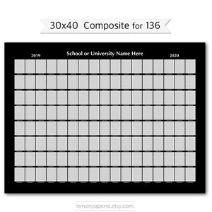 Puede incluir: Cuadrícula de fotos compuesta en blanco y negro de 30x40 con 136 cuadrados para una foto de clase de una escuela o universidad. La cuadrícula está etiquetada con los años 2019 y 2020. El texto "Nombre de la escuela o universidad aquí" está en la parte superior de la cuadrícula.