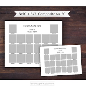 May include: Printable template for a school class composite photo. The template is designed for 20 photos, with a larger 8x10 inch layout and a smaller 5x7 inch layout. The template includes space for the school name, grade, and year.