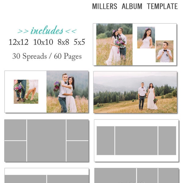 12x12 Millers Album Template 60 Page - Includes 12x12, 10x10, 8x8, 5x5 - INSTANT DOWNLOAD - ALB30