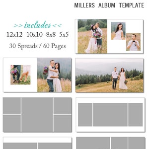 May include: A template for a wedding photo album with a gray background and white text. The text includes "includes", "12x12", "10x10", "8x8", "5x5", "30 Spreads/60 Pages", "MILLERS ALBUM TEMPLATE", "LEMON PAPERIE DESIGINS", "LEMON PAPERIE", "www.lemonpaperie.etsy.com", and "SKU ALB30".