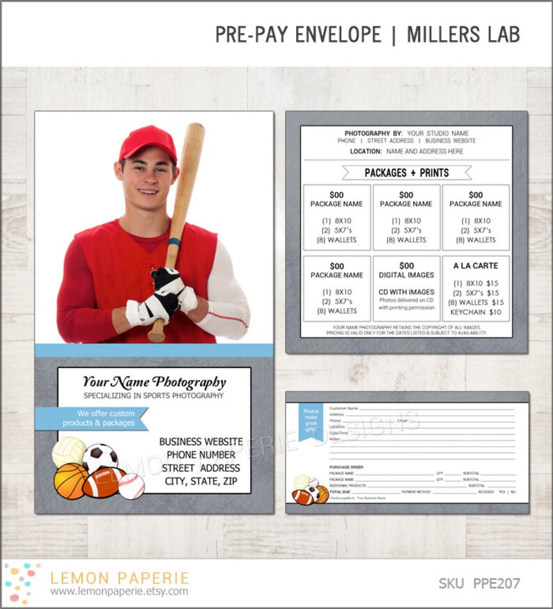 Prepay Envelope and Minisession Template for Millers Sports Mate