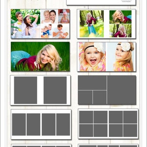 May include: A digital template for an 8x8 photo album, compatible with Miller's and MpixPro. The template includes a variety of layouts with different numbers of photos, including a two-photo layout, a three-photo layout, a four-photo layout, and a six-photo layout.