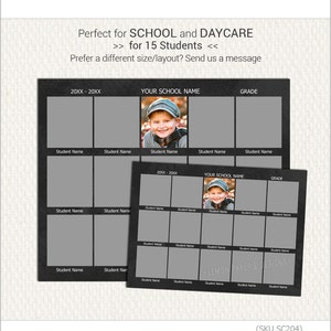 Peut inclure: Modèle de composite de classe imprimable noir et blanc pour 15 élèves. Le modèle comporte deux mises en page, l'une avec 5 rangées et 3 colonnes et l'autre avec 4 rangées et 5 colonnes. Chaque mise en page comporte un espace pour le nom de l'élève et une photo. Le modèle comporte également un espace pour le nom de l'école et la classe. Le texte "Lemon Paperie Designs" se trouve en bas du modèle.