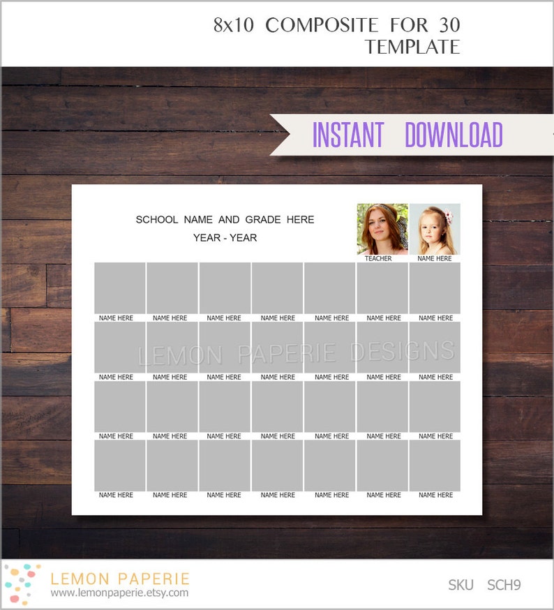8x10 School Composite Template for 30 Template INSTANT