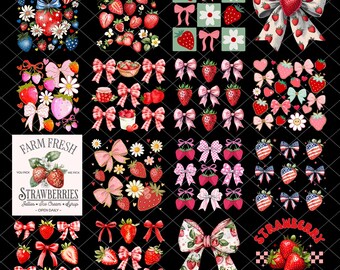 Boho Strawberry Coquette PNG Bundle, Preppy Strawberries Png, Strawberry Festival Png, Summer Strawberry Png, Floral Stawberry Png