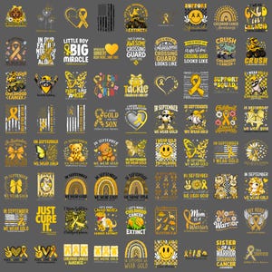 May include: A collection of graphic designs featuring yellow childhood cancer awareness ribbons, butterflies, rainbows, sunflowers, teddy bears, dinosaurs, and smiley faces with text including phrases like In September We Wear Gold and Support Squad.