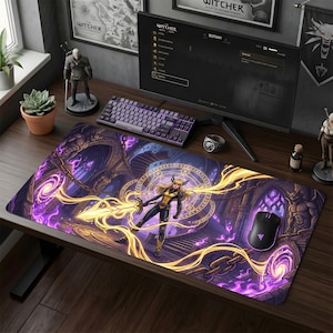 May include: A rectangular desk mat featuring a vibrant fantasy illustration of a blonde character in a black and yellow suit wielding a glowing golden sword. The scene includes purple magical energy, stone arches, chains, and a circular rune.