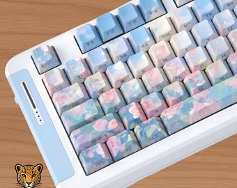 Blush Sky Floral Keycaps Set - 120 Keys Pink Blue PBT Cherry Profile Keycaps, Pastel Rose Gradient Keyboard, Aesthetic Mechanical Keyboard.