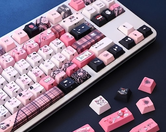 Cute Black Pink Cat Keycaps Set, Cherry Profile PBT Keycaps Set, Side Carving Cute Keycaps Set, MOA Keycaps Set, Artisan Keycaps