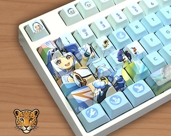 Ocean Spirit Anime Keycap Set 127 Keys Blue White PBT Cherry Profile Keycaps, Cute Water Girl Keyboard Caps, RGB Mechanical Keyboard Gift
